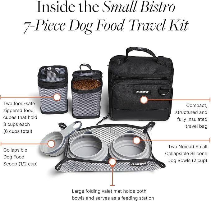 Small 7-Piece Bistro Box Dog Food Travel Kit, 6-Cup Kibble Storage, 2 Silicone Bowls, Mat & Scoop - Premium Portable Pet Food Kit for Weekends, Overnights, Daycare & Camping, Graphite
