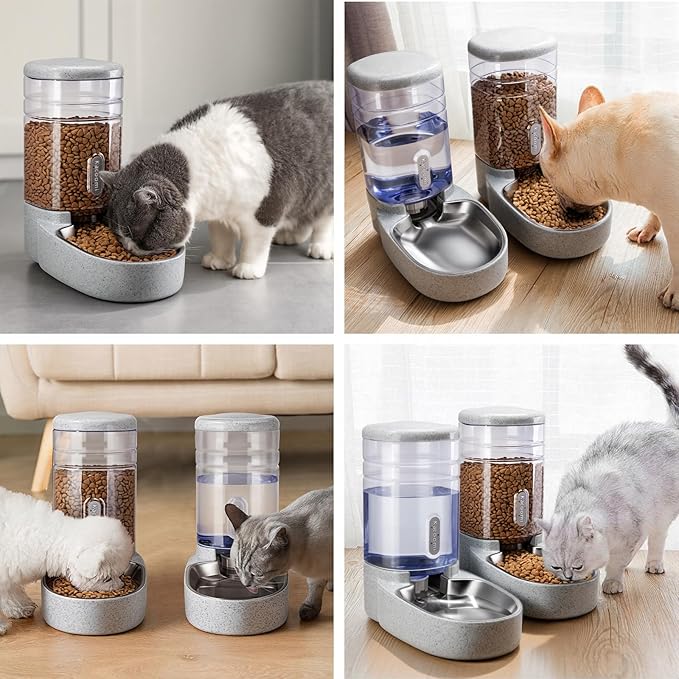 Automatic Cat Feeder and Water Dispenser with Stainless Steel Bowl Gravity Food Feeder and Waterer Set for Small Medium Dog Puppy Kitten 1 Gallon x 2(Grey)