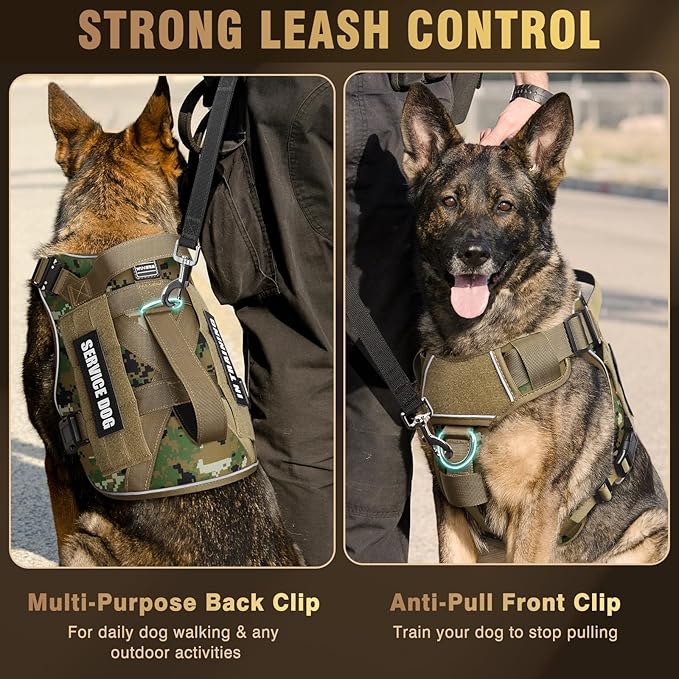 WINSEE Tactical Dog Harness for Large Dog, Heavy Duty Service Dog MOLLE Vest with 10 Pet Patches, No Pull Military Working Vest for Training Hunting Walking
