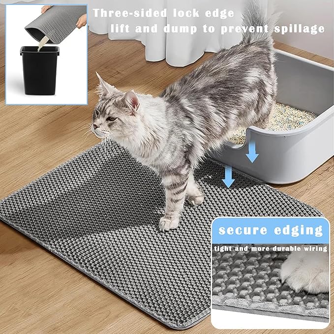 HCY&WLD 2-Pack Cat Litter Mat, Double Layer Honeycomb Waterproof Urine Proof Non-Slip Litter Trapping Mat, Less Waste, Easy to Clean Cat Litter Box Mat, Kitten Indoor Supplies (Gray, 20x16 Inches)