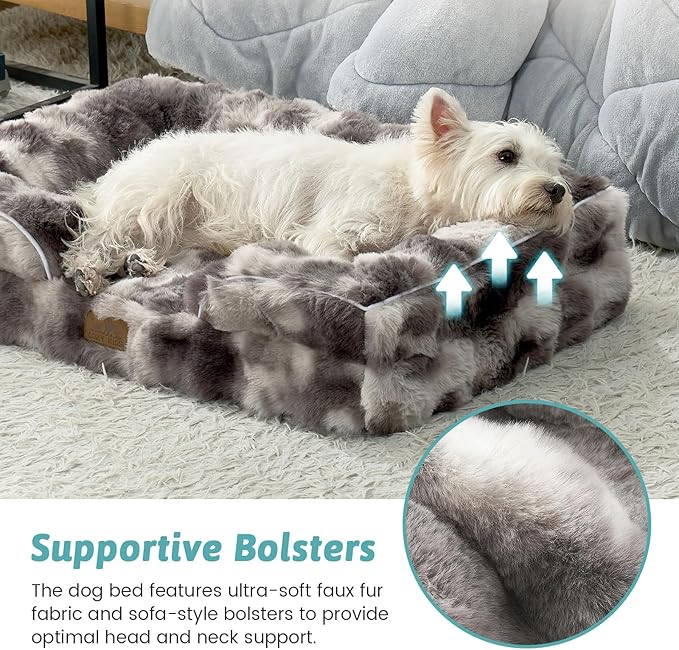 Orthopedic Dog Bed for Medium Small Size Dog, Soft and Warm Faux Fur Sofa for Pet Up to 40 lbs, Foam Bolster Anti-Slip Couch with Washable Removable Cover, M 30x20x6.5 inch, Tie Dye Grey