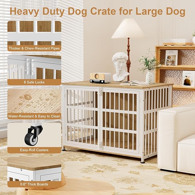 46" Dog Crate Furniture with Wheels, XXL Heavy Duty Dog Kennel Indoor for XL Dogs, Metal Chew-Proof Dog Cage, 45.9" L x 27.6" W x 32.4" H, Decorate House as TV Stand, End Table — Natural and White