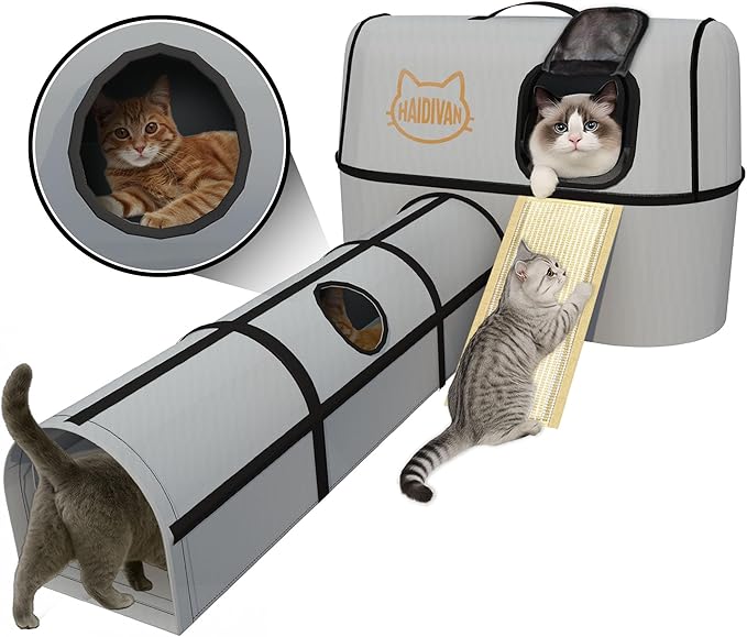 Pet 4-in-1 Cat Tunnel, Carrier, House & Scratcher – Detachable and Combinable – Indoor Beds, Outdoor Use, Cat Toys & Furniture (Gray)