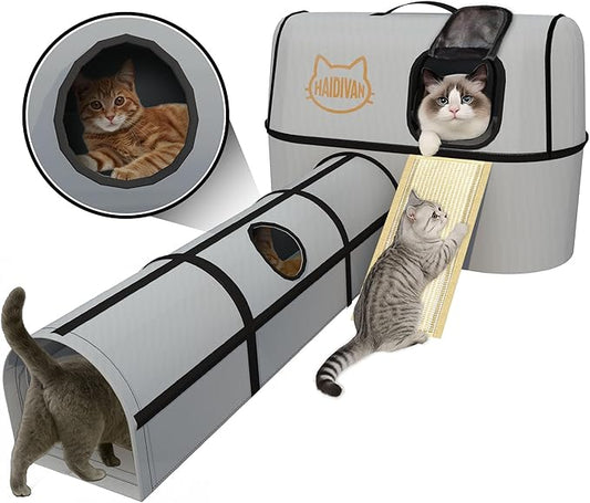 Pet 4-in-1 Cat Tunnel, Carrier, House & Scratcher – Detachable and Combinable – Indoor Beds, Outdoor Use, Cat Toys & Furniture (Gray)