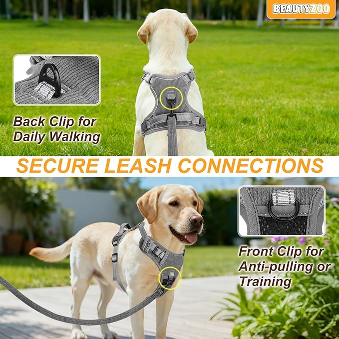 BEAUTYZOO No Pull Dog Harness Large, Adjustable Dog Harness and Leash Set -Easy Wearing with 3 Buckles/Control Handle,No Choke Soft Padded Reflective Pet Vest for Training Walking Hiking,Grey L