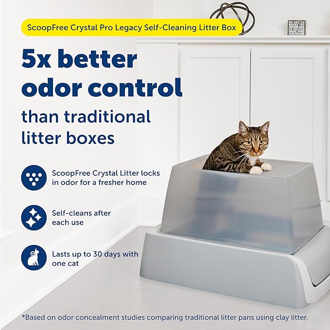 PetSafe ScoopFree Crystal Pro Legacy Self-Cleaning Automatic Litter Box - Top-Entry Motion-Sensing Cat Box with Integrated Health Counter - Includes 1 Disposable Crystal Litter Tray