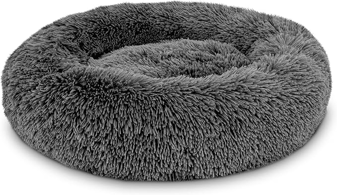 The Dog’s Bed Sound Sleep Donut Dog Bed, Small Dark Grey Fur Calming Nest Bed, Veterinary Approved