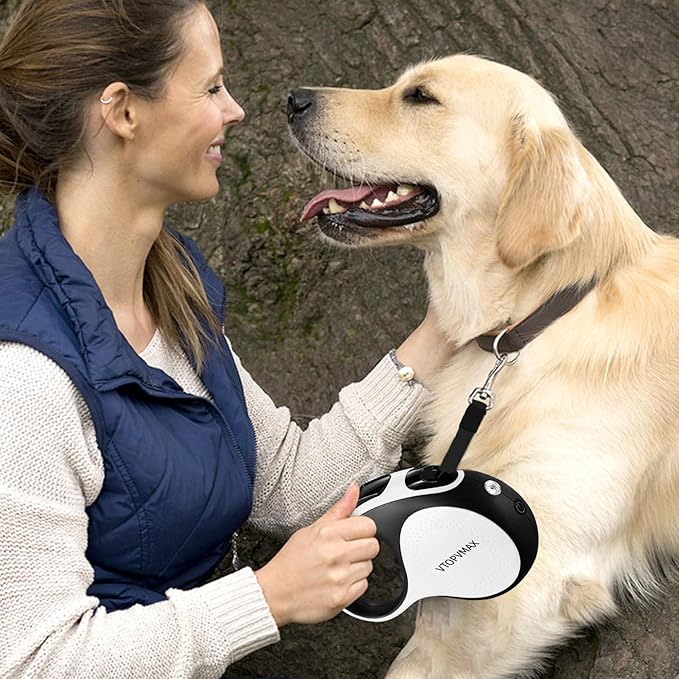 16Ft Retractable Dog Leash - for Small to Medium Dogs Up to 66lbs, Heavy Duty Retractable Leash with Light Rechargeable, Quick Lock Braking & Non-Slip Handle (White)