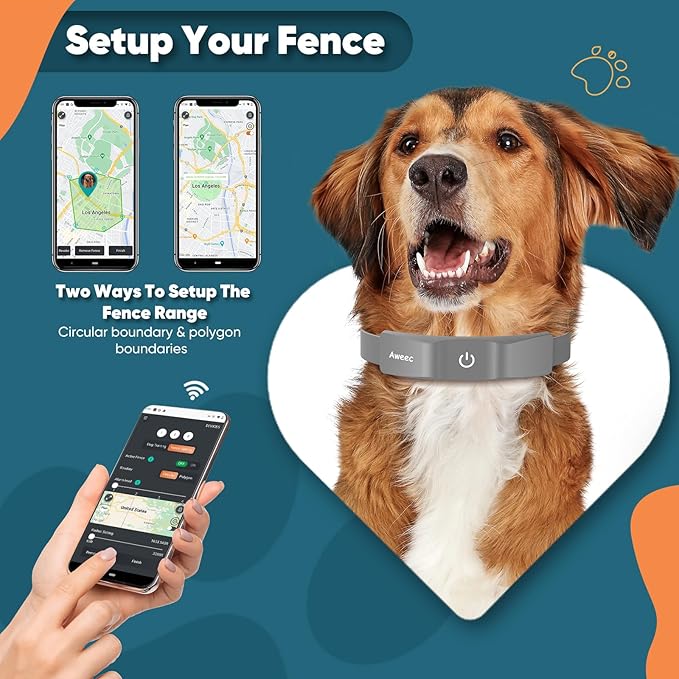 GPS Wireless Dog Fence with Free App, Electric Fence System with Training Collar, Portable Fence for Outdoor Use, Rechargeable Waterproof Flexiable Collar, Adjustable for Large Medium Dogs (Gray)