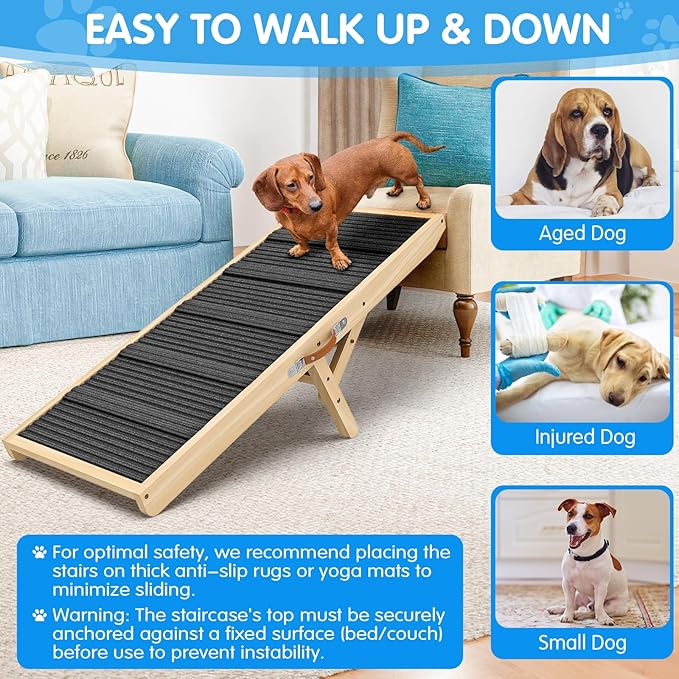 Dog Ramp for Couch, Bed, Wooden Long Pet Stairs for Small & Large Old Dogs & Cats, Hold up to 100lb, Adjustable Height from 11.41" to 20.47", Portable Doggie Steps Weight 11 lbs (39.37" L)
