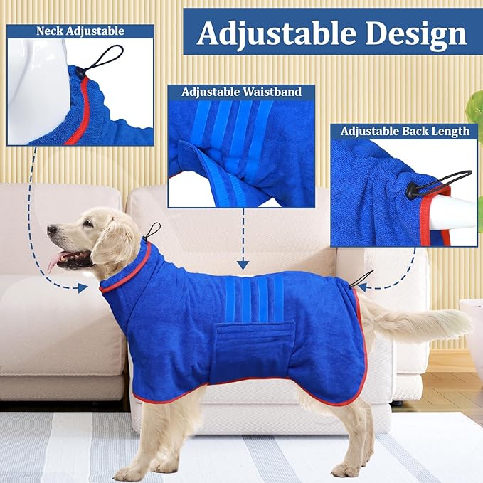 Dog Drying Coat - Fast Drying Bathrobe Towel,Super Absorbent Robe,Microfibre Quick Drying Warm Keeping Dog Robes with Adjustable Collar and Waist (Blue, Large)