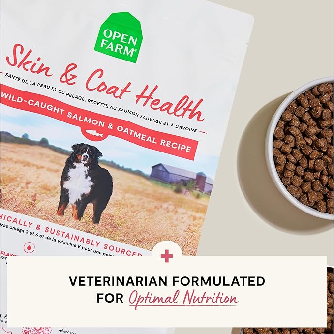 Open Farm, Skin & Coat Health Dog Food, Veterinarian Formulated Kibble with Salmon Oil and Vitamin E to Support Healthy Skin & A Shiny Coat, Wild-Caught Salmon & Oatmeal Recipe, 4lb Bag
