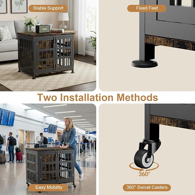 27" Dog Crate Furniture for Small Dogs, Heavy Duty Dog Cage for Small & Medium Dogs with Wheels, Indoor Puppy Crate, 26.6" L x 20.9" W x 23.8" H, Decorate House as TV Stand, End Table — Rustic Brown