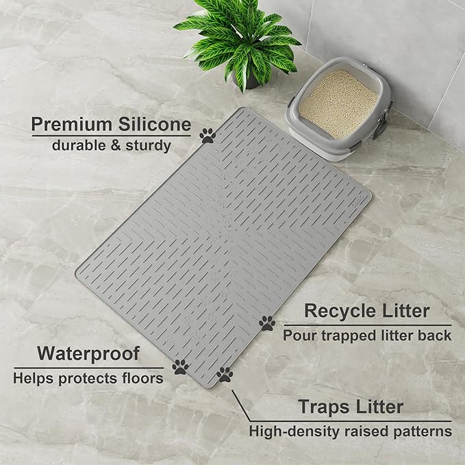OHMO Cat Litter Mat XXL Trapping Mat Premium Silicone Rubber 37.5x25.2 Grey, Waterproof and BPA Free Kitty Litter Box Mat, Easy to Clean and Keeps The Floor Tidy