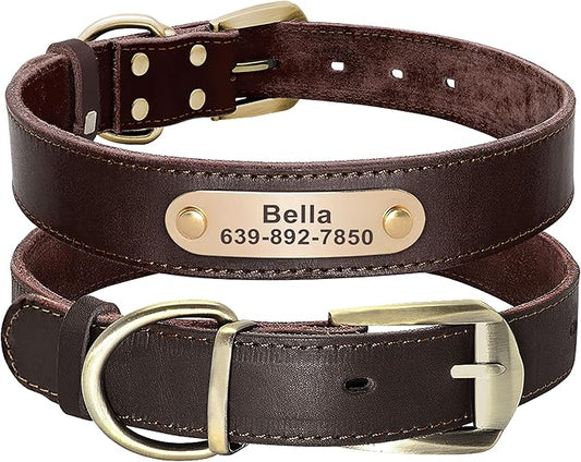 Didog Genuine Leather Dog Collars with Engraved Nameplate, Personalized Soft Leather Dog Collar with Custom ID Tag, Brown/Green/Red for Small Dogs (M,Brown)