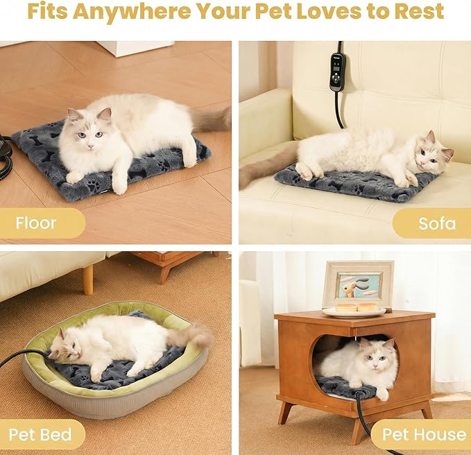 Pet Heating Pad for Cats Dogs, Heated Cat Dog Bed with 5 Temperature Levels, Timer, Auto Shut-Off, Thick Paw-Print Cover, Chew Resistant Cord for Indoor & Sheltered Outdoor Use (S: 16" x 13" x 1.3")