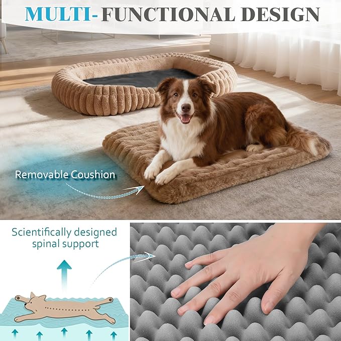Orthopedic Dog Bed for Small Medium Dogs & Cats - Soft Furry Puppy Bed with Removable Washable Cover & Anti-Slip Bottom, Calming Rectangle Cat & Puppy Bed for Indoor Pets, 25x21x4inches, Brown