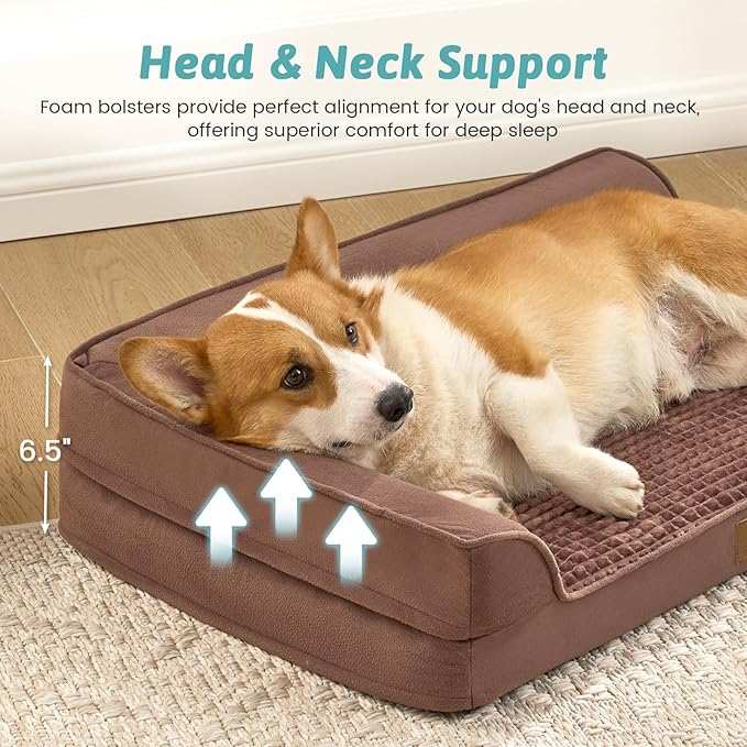 Orthopedic Dog Bed for Large Medium Size Dog, Dogs Crate Bed, L Shaped Foam Anti-Slip Bottom Pet Cat Sofa with Washable Removable Cover, Suitable for Pet Up to 75 lbs, 36x27x6.5 inch, Brown