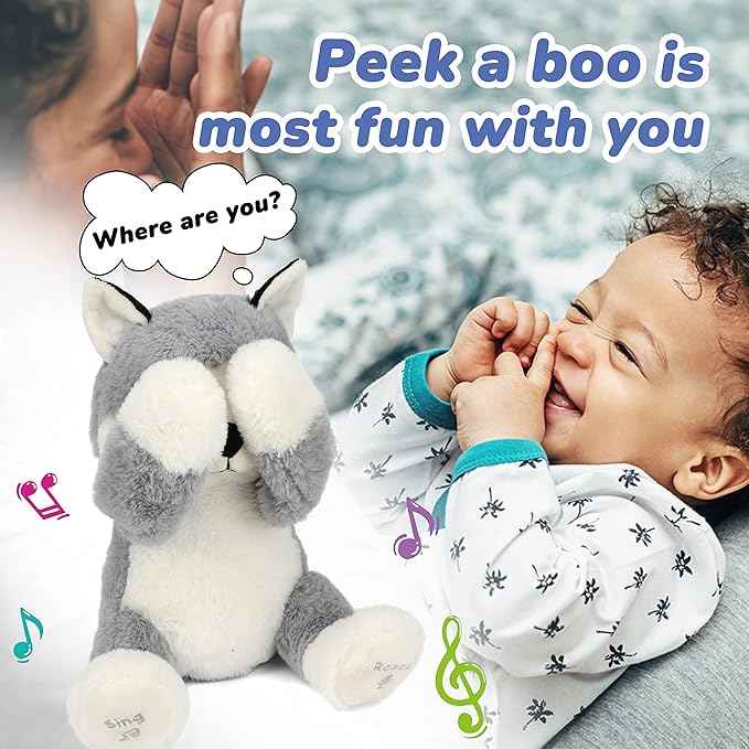 Hopearl Peek A Boo Husky Interactive Repeats What You Say Plush Dog Toy Musical Singing Talking Stuffed Animal Adorable Electric Animate Birthday Festival, Gray, 11.5''