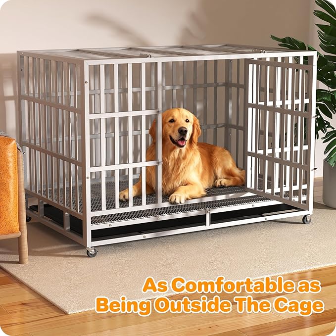 Heavy Duty Dog Crate 48 Inch, Indestructible Dog Crate with Removable Tray, Escape Proof & High Anxiety Dog Kennel Indoor, Metal Dog Cage with Wheels for Large Dogs, XL XXL XXXL