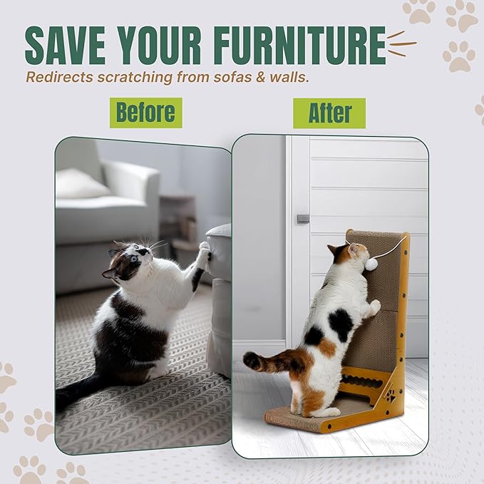 Cat Cuddles Cardboard Cat Scratcher for Indoor Cats - 3-in-1 Vertical & Horizontal Cardboard Scratch Pad with Toy Ball - L-Shape Scratching Post for Furniture Protection