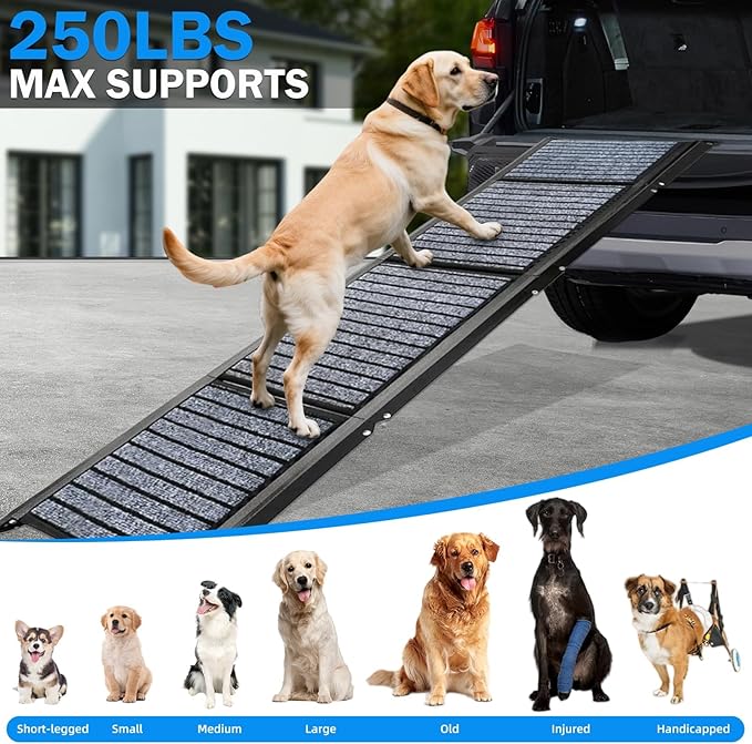 Dog Ramp for Car, 67'' Portable Pet Ramp for Large Dogs Up to 250 LBS, 17.3" Wide Folding Dog Ramp, with Anti-Slip Rug Surface, Outdoor Dog Ramps for SUV Car & Truck