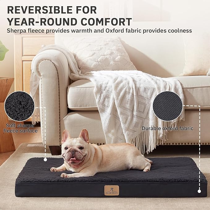 Bedfolks Orthopedic Dog Bed for Large Dogs - Egg Foam Dog Crate Bed with Removable Waterproof Cover, Pet Bed Mat Suitable for Dogs and Pets Up to 50 lbs (35 x 22 x 3 inches, Black)