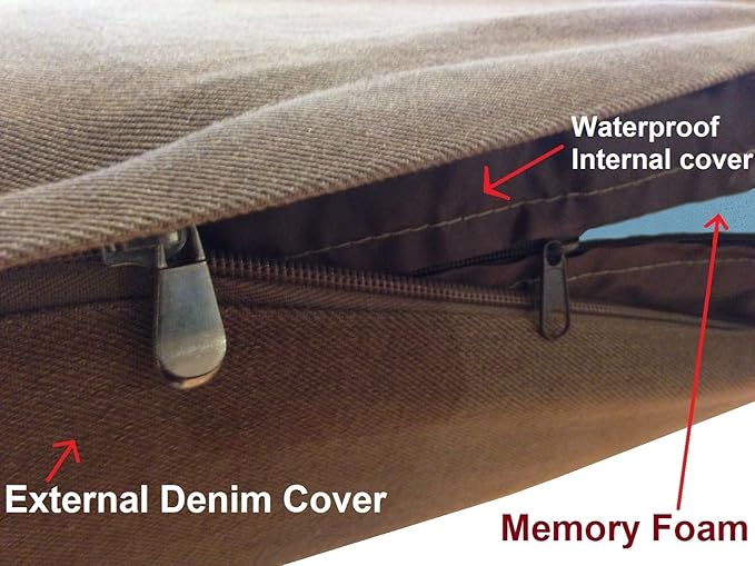 Dogbed4less Medium Large Orthopedic Heavy Duty Gel Infused Memory Foam Pet Bed, Waterproof Liner, Denim in Brown 37X27X4 Inches