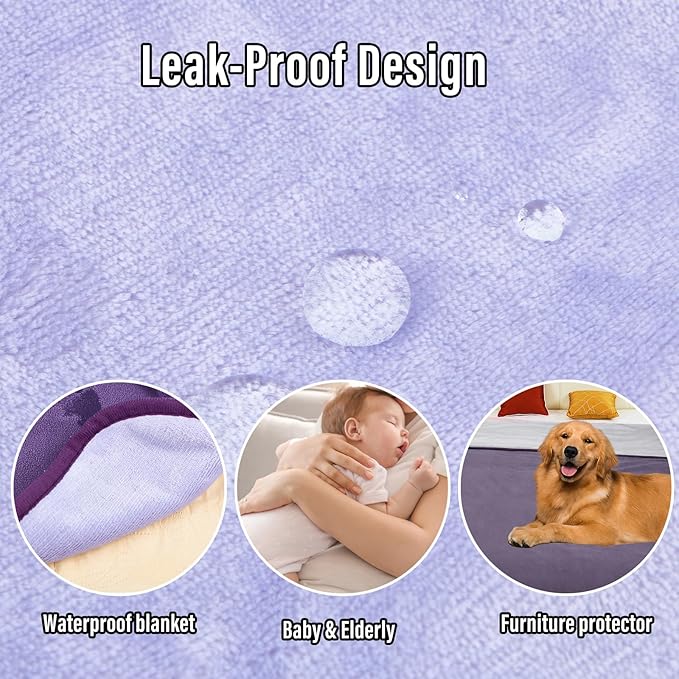 Waterproof Blanket for Bed Couch Sofa, Reversible & Reusable Cat, Dog Blanket Waterproof Washable, Small Water Resistant Blankets, Leakproof (40"x60", Deep Purple/Light Purple)