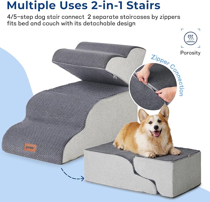 Dog Stairs Ramp for High Beds Up to 25" H - 5 Steps Pet Stairs for Couch, 35D Foam Dog Steps for Small to Large Dogs with Non-Slip Bottom Grey