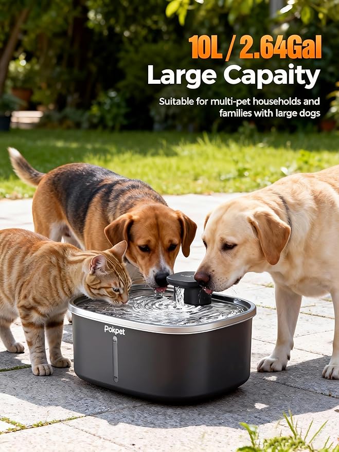 10L/2.64GAL Wireless Water Fountain for Cats Large Dogs for Multi-Pet Homes - Stainless Steel 4000mAh Battery Operated Automatic Pet Water Dispenser with Sensor, Quiet Flowing Bowl - Black
