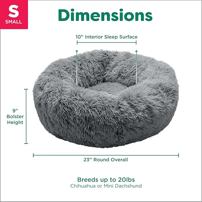 Furhaven 23" Round Calming Donut Dog Bed for Indoor Cats & Small Dogs, Washable, For Dogs Up to 20 lbs - Shaggy Plush Long Faux Fur Donut Bed - Gray, Small, 23.0"L x 23.0"W x 9.0"Th