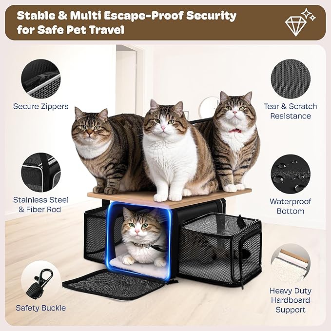 Top and 2 Sides Expandable Pet Carrier 17x11x9.5,TSA Airline Approved Small Dog Carriers for Small Dogs,Soft-Sided Cat Carrier with Self-Locking Zippers for Kitten,Rabbit,Puppy,Guinea Pig Black White