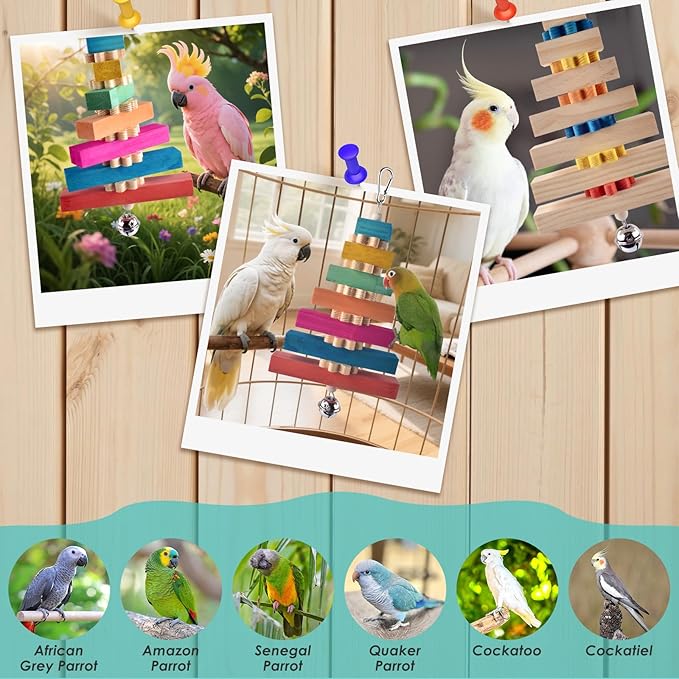 2 Pcs Bird Toys for Parrots, Colorful Natural Large Parrot Toy Hanging Chew Wood Block with Bell for Medium to Large Cockatiels, Conures, African Greys, Amazon