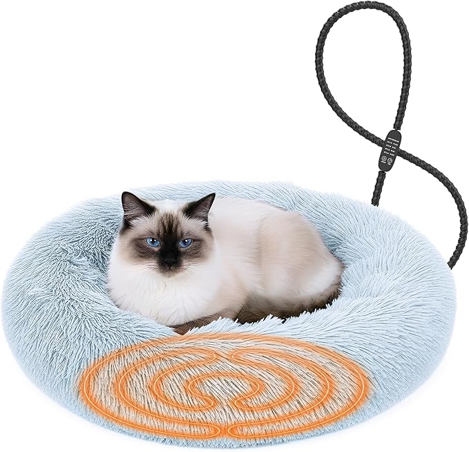 Heated Cat Bed for Indoor Cats, 23-inch Cozy Donut with USB Power, Adjustable Temperature & Timer, Machine Washable Cover for Small & Medium Cats (Light Gray)