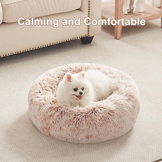 23 inches Donut Dog Bed for Small Dogs - Calming Washable Round Puppy Bed with Removable Cover, Fluffy Plush Pet Bed for Cats & Dogs, Fits up to 25 lbs Pets (Brown,Small)