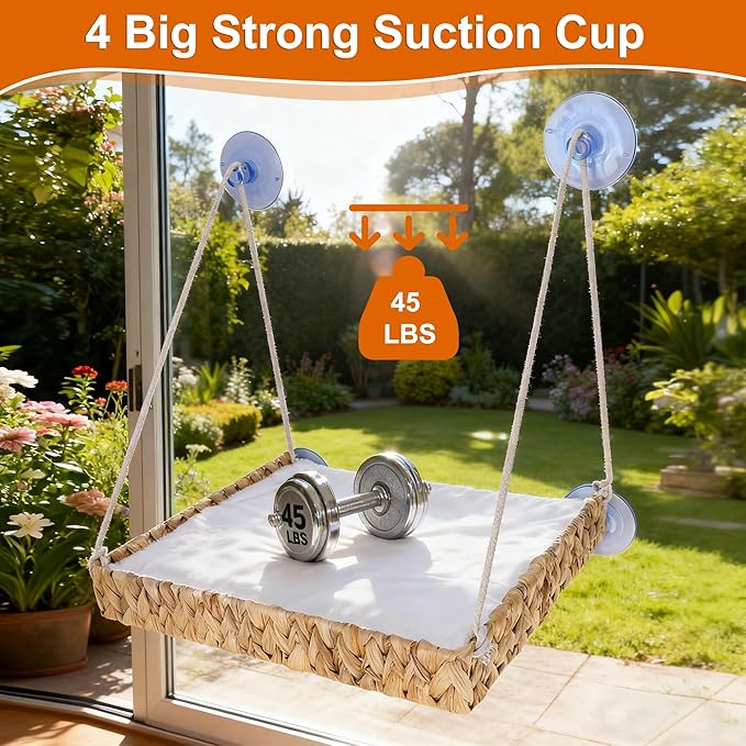 Cat Window Perch with 4 Strong Suction Cups and Ball Toy, Handwoven Straw Cat Window Hammock Sturdy Hanging Bed Seat Soft Cushion for Indoor Cats