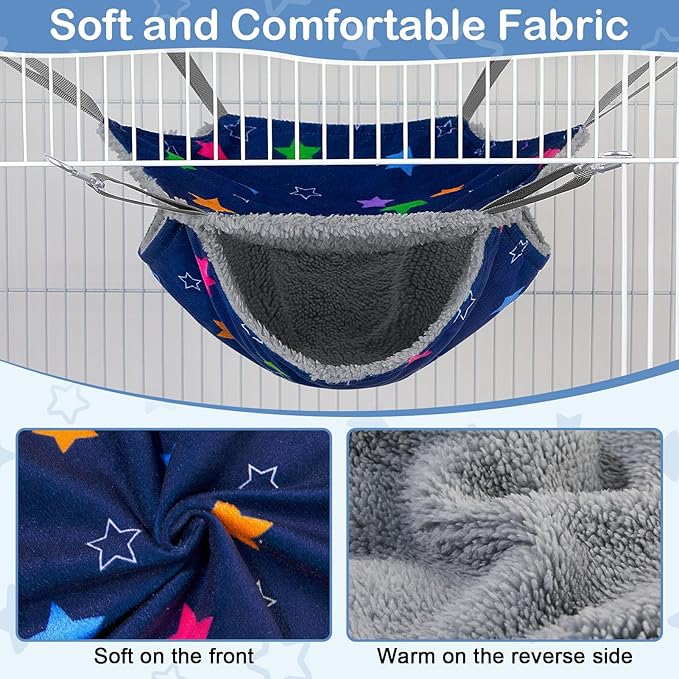 Bienbee 2 Pcs Ferret Rat Hammock Set for Cage Washable Guinea Pig Hideout Bed Soft Small Animal Hammock Tunnel Toys Ferret Cage Accessories for Hedgehog Sugar Glider Squirrel Hamster, Blue Stars