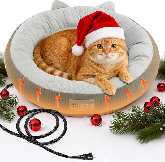Heated Cat Bed for Indoor Pets – Constant Temperature 100.4-107.6℉ Donut Cat Heating Pad with Chew Resistant 87 Inch Cord, Washable Cover, Cozy Round Pet Bed for Small Cats Kittens Dogs