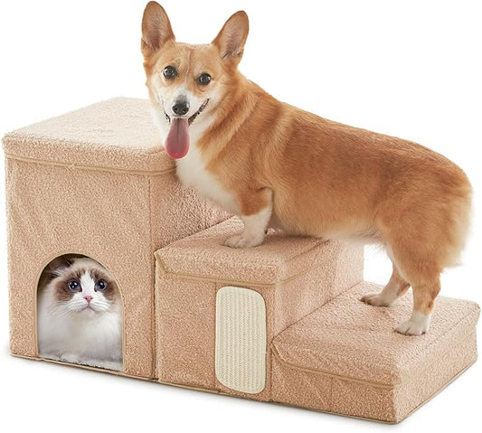 Dog Stairs with Storage and Condo,Cat Scratcher, 3-Step Sturdy Dog Steps for Small Medium or Large Older Dogs Cats, Folding Pet Stairs Climbing Sofas, high beds, Windows and Cars (Beige,16.7'' H)
