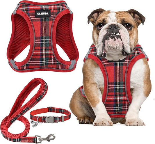 GAMUDA Small Dog Harness Collar and Leash Set, Step in No Chock No Pull Soft Mesh Adjustable Dog Vest Harnesses Plaid Reflective for Dogs Puppy Cats Kitten Rabbit (Red, L)
