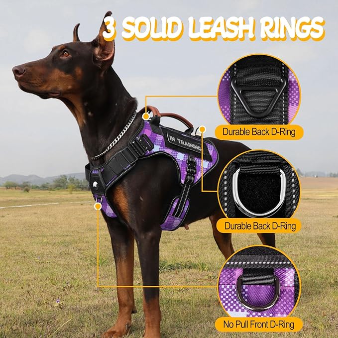 Tactical Dog Harness - HEYCAHVA Service Dog Vest Full Metal Buckles Dog Vest for Medium Large Dog Reflective No Pull Dog Harnesses Vest with Leather Handle, Hook & Loop for Hiking Training (Purple, L)