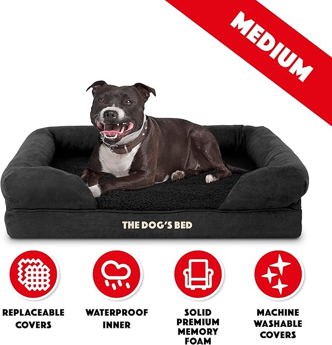The Dog’s Bed, Medium Black Faux PL, Memory Foam, Pain Relief: Arthritis, Hip & Elbow Dysplasia, Post Surgery, Lameness, Supportive, Calming, Washable Cover, Veterinary Approved