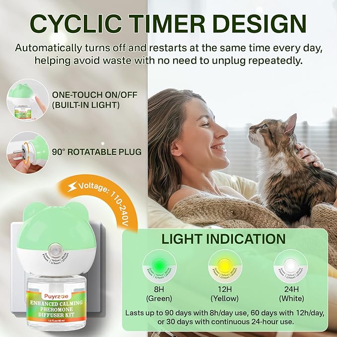 Cat Calming Diffuser with 3 Timing Functions, 6-in-1 Cat Pheromones Calming Diffuser Kit, 120-Day Anxiety Relief, Stress Reduction & Relaxation for All Cats (2 Diffusers + 4 Refills)