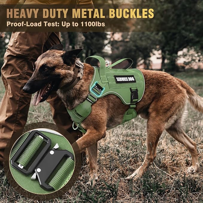 WINSEE Tactical Dog Harness for Large Dog, Heavy Duty Service Dog MOLLE Vest with 10 Pet Patches, No Pull Military Working Vest for Training Hunting Walking