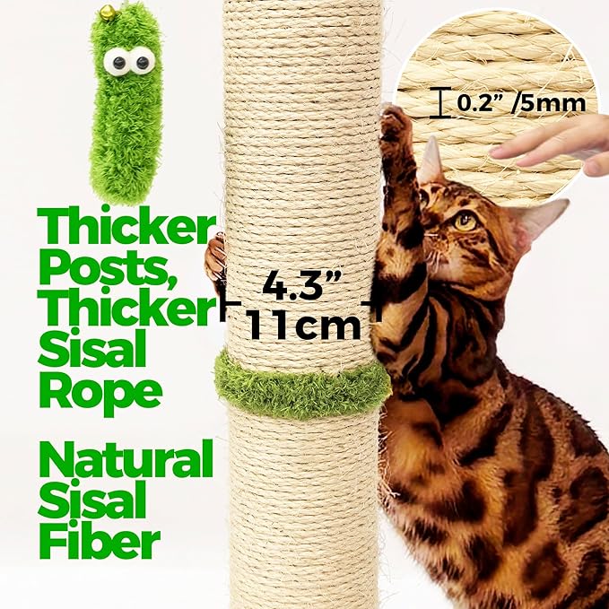 TINYBEAST 34.7" Tall Cat Scratching Post, 3 in 1 Sisal Cat Scratcher, Heavy Duty 4.3" Diameter Cat Tree with Hanging Bell Ball Toy and Reinforced Stable Base for Indoor Adult Cats & Kittens