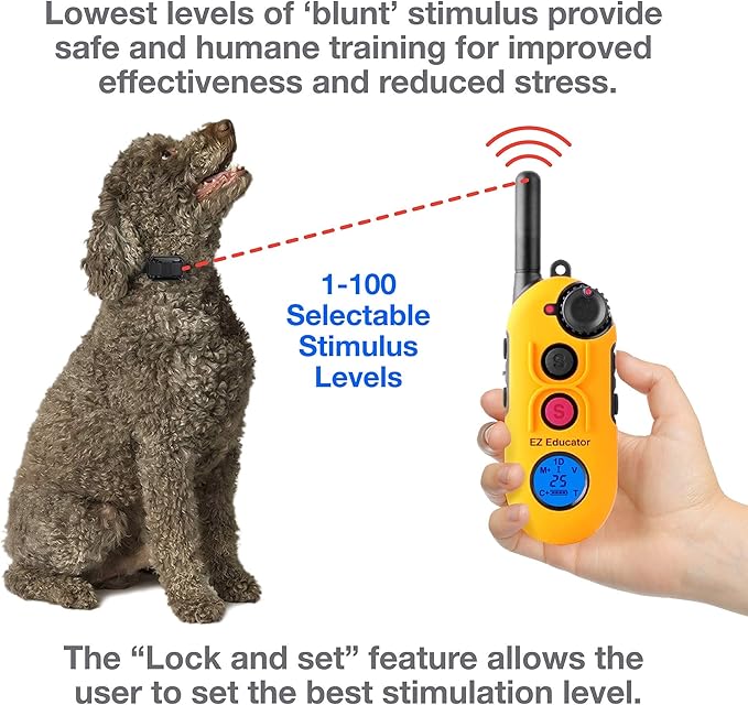 Educator EZ 1/2 Mile Dog Training Collar with Ergonomic Remote, Safe Humane Vibration Stimulation, Pavlovian Tone, Waterproof, Odorproof Biothane Collar, Night Light, Rechargeable, 2 Dog, Yellow