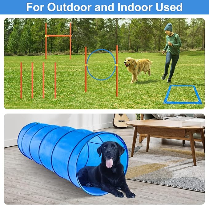 XiaZ Dog Agility Equipments, Obstacle Courses Training Starter Kit, Pet Outdoor Games for Backyard Includes Dog Tunnel, Jumping Ring, High Jumps, 4 Pcs Weave Poles, Pause Box with Carrying Case