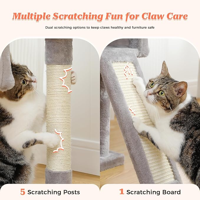 64-Inch Large Cat Tree for Indoor Cats, Multi-Level Tall Cat Tower with 2 Soft Top Perches, 2 Caves, 5 Sisal Scratching Posts, 2-in-1 Scratching Ramp, 1 Hammock & 3 Pompoms, Grey