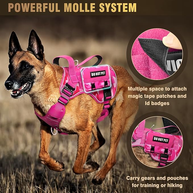 WINSEE Tactical Dog Harness for Large Dog, Heavy Duty Service Dog MOLLE Vest with 10 Pet Patches, No Pull Military Working Vest for Training Hunting Walking